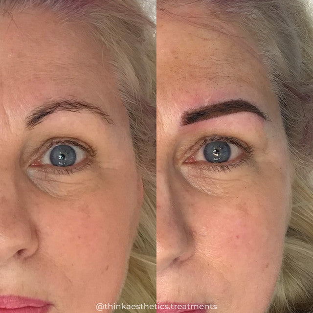 Cosmetic Tattoo before photo of single eye and brow, with after photo showing a filled in ombre brows using semi-permanent makeup techniques by @thinkaesthetics.treatments