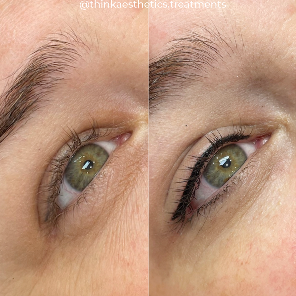 Cosmetic Tattoo before photo zoomed in on the eye with after photo showing a winged black eyeliner using semi-permanent makeup techniques by @thinkaesthetics.treatments