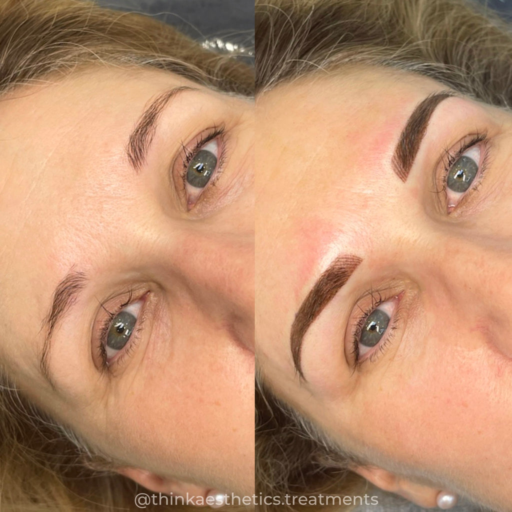 Cosmetic Tattoo before image of brow area and after showing hybrid brows (hair strokes blending to a filled in look) using semi-permanent makeup by @thinkaesthetics.treatments