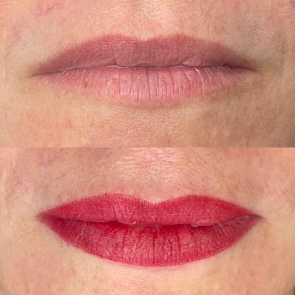 Cosmetic Tattoo before photo of lips, with after photo of pink lips using semi-permanent makeup techniques by @thinkaesthetics.treatments