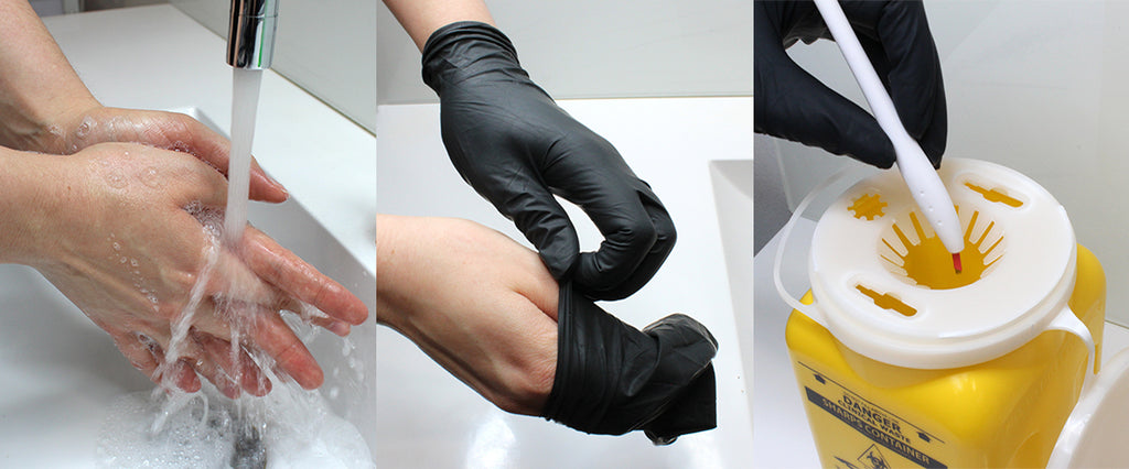 Infection Control photo series showing hands being washed under running water, hands putting on gloves, and a cosmetic tattoo handtool being disposed into a sharps container
