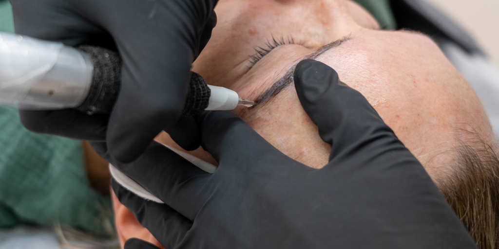 Cosmetic Tattoo Removal in progress close up of technician from THink Aesthetics holding a cosmetic tattoo machine using THink Pigment Remover to remove pmu brows
